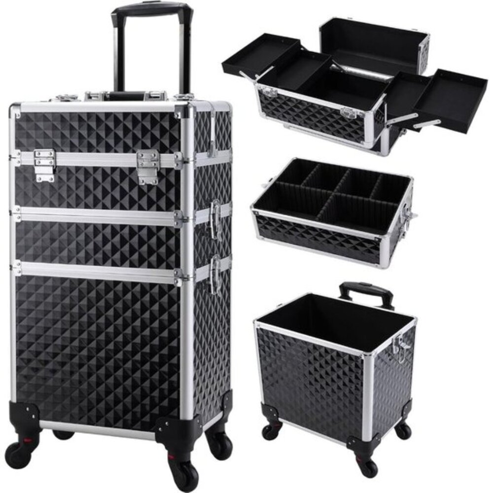 New 3-in-1 Rolling Makeup Train Case, Large Trolley with Lock & Wheels - Black